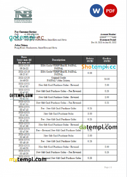 Saint Kitts and Nevis SKNA bank proof of address statement template in Word and PDF format