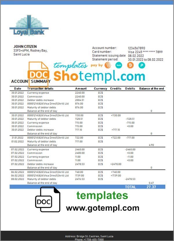 Saint Lucia Loyal Bank bank proof of address statement template in Word and PDF format