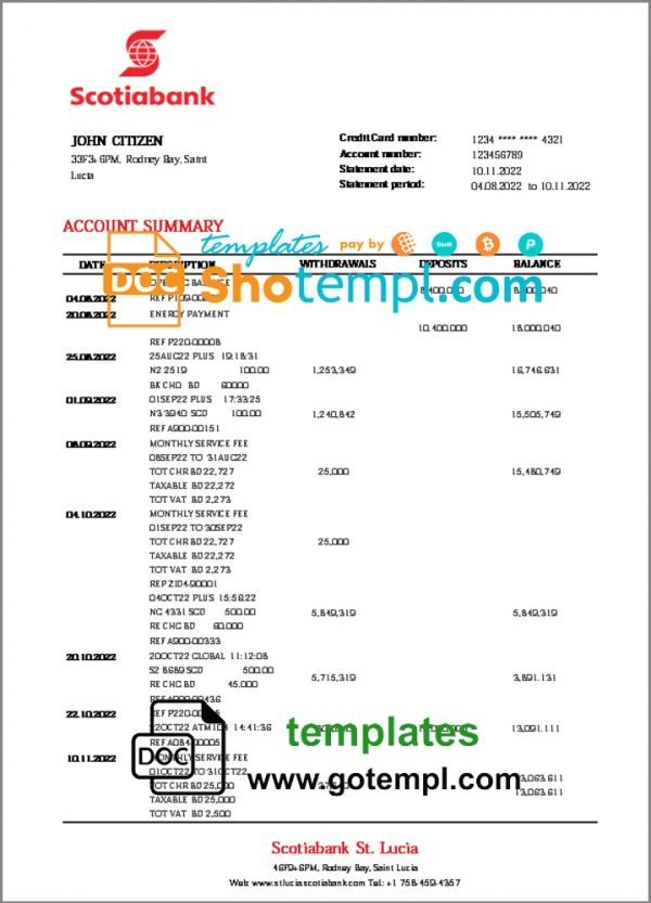 Saint Lucia Scotiabank bank proof of address statement template in Word and PDF format