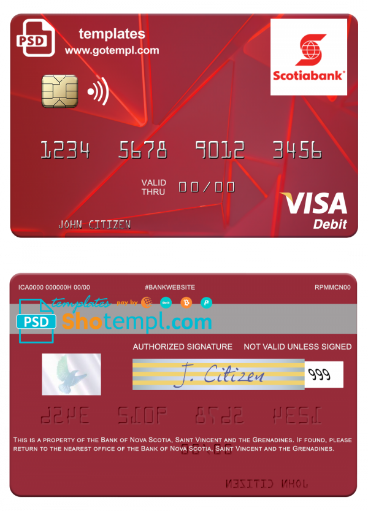 Saint Vincent and the Grenadines Bank of Nova Scotia visa debit card template in PSD format