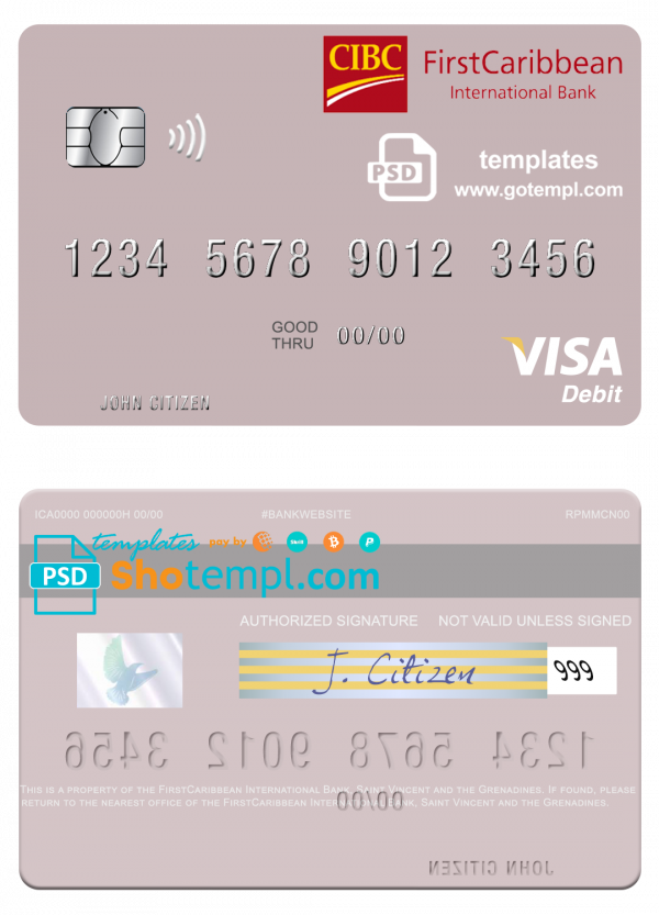 Saint Vincent and the Grenadines FirstCaribbean International Bank visa debit card template in PSD format