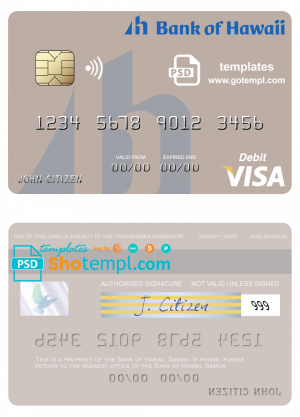Samoa Bank of Hawaii visa debit card template in PSD format, fully editable