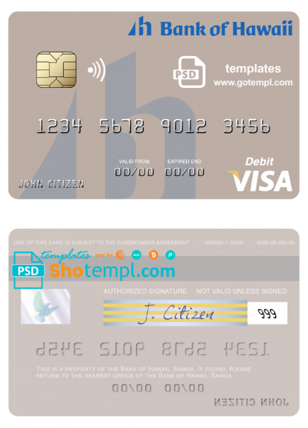 Samoa Bank of Hawaii visa debit card template in PSD format, fully editable