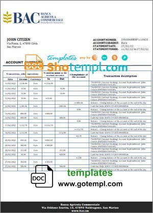 San Marino Banca Agricole Commerciale bank statement template in Word and PDF format