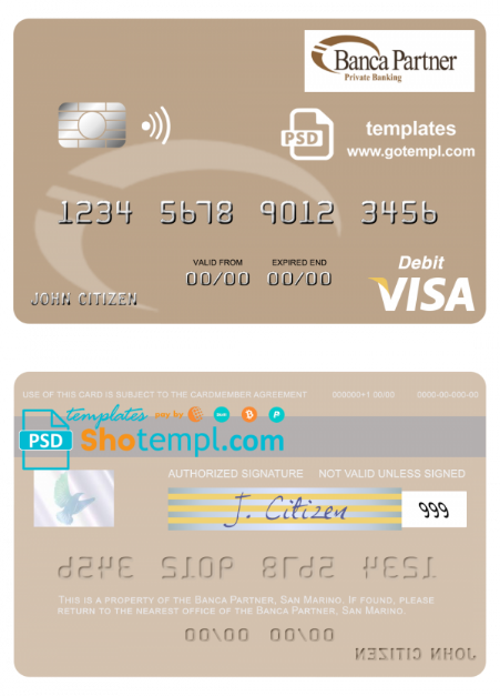 San Marino Banca Partner visa debit card template in PSD format