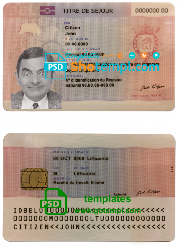 Belgium permanent residence card template in PSD format, fully editable