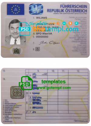 Austria driving license template in PSD format, fully editable