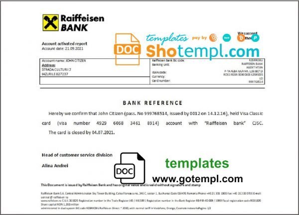 Romania Raiffeisen bank account closure reference letter template in Word and PDF format