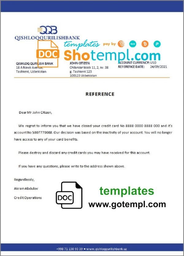 Uzbekistan Qishloq Qurilish Bank account closure reference letter template in Word and PDF format