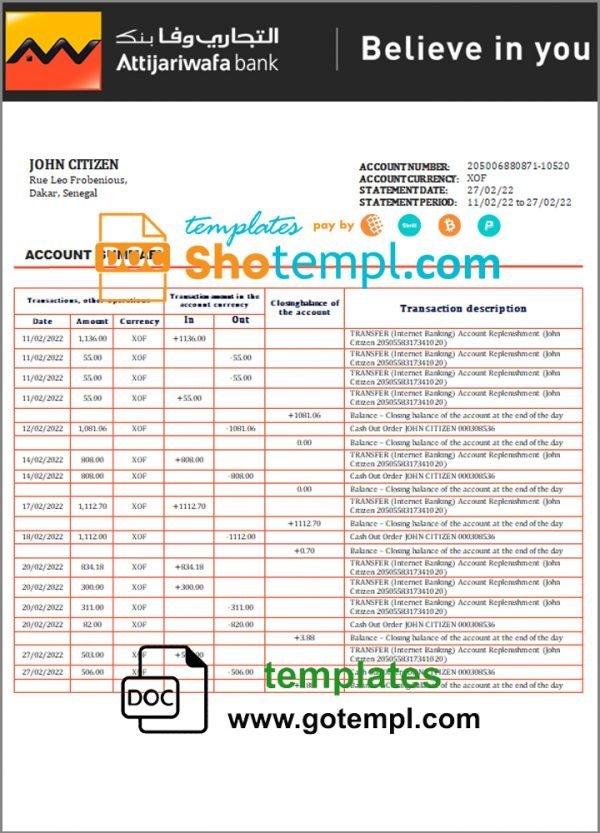 Senegal Attijariwafa bank statement template in Word and PDF format