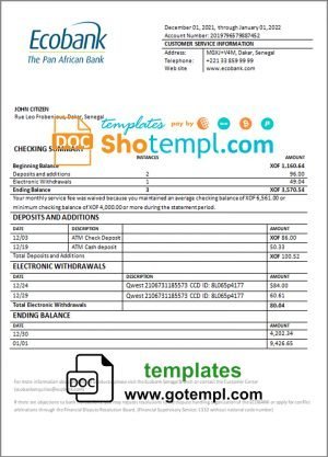 Senegal Ecobank bank statement template in Word and PDF format