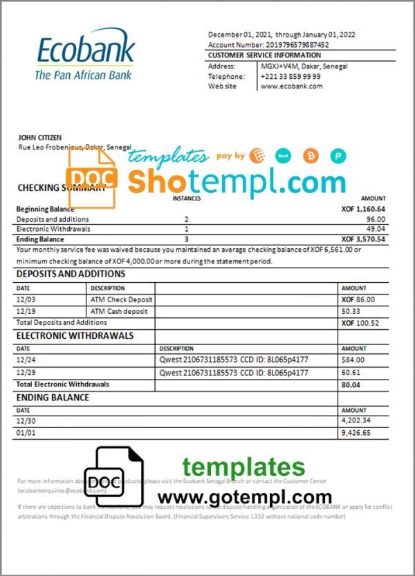 Senegal Ecobank bank statement template in Word and PDF format