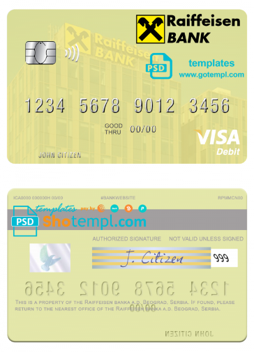 Serbia Raiffeisen banka a.d. Beograd visa debit card template in PSD format
