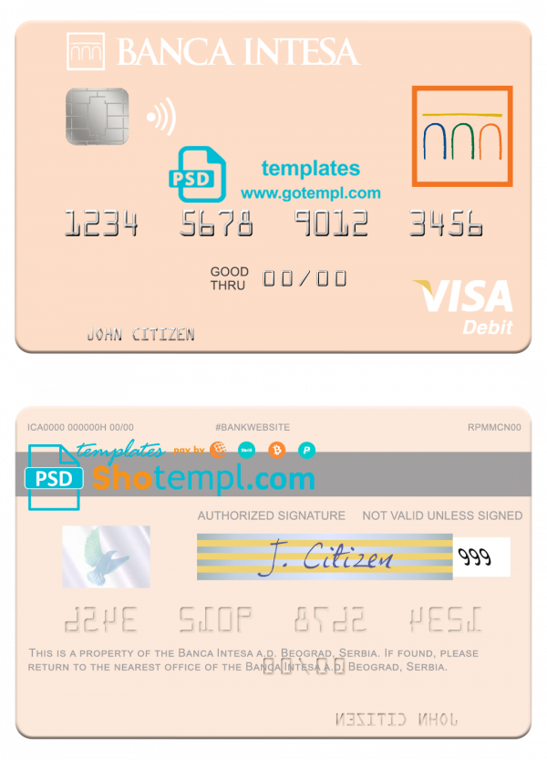 Serbia The Banca Intesa a.d. Beograd visa debit card template in PSD format