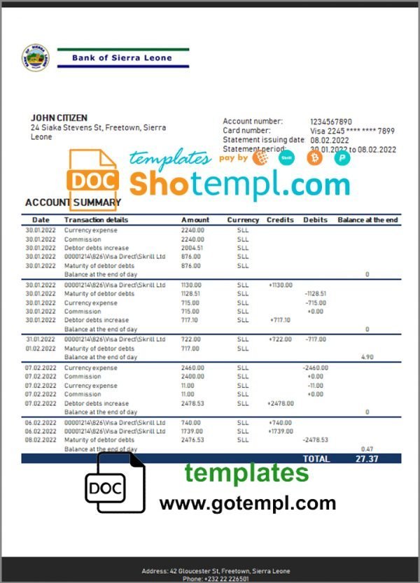 Sierra Leone Bank of Sierra Leone bank statement template in Word and PDF format