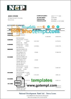 Sierra Leone National Development bank statement template in Word and PDF format