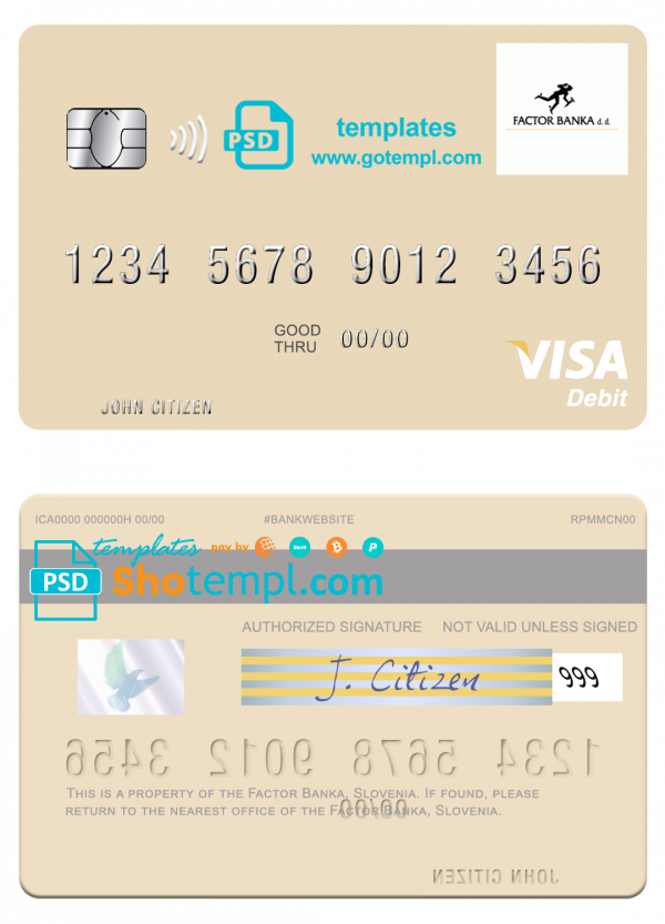 Slovenia Factor Banka visa debit card template in PSD format