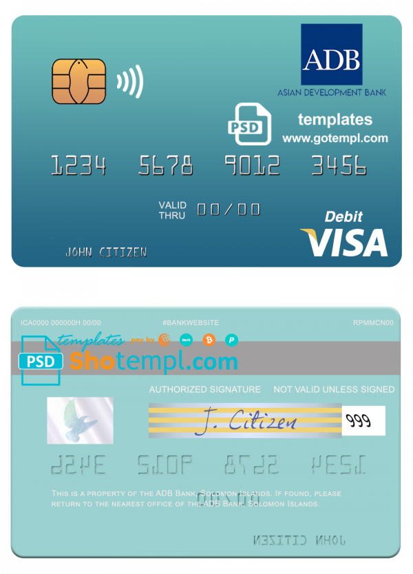 Solomon Islands ADB Bank visa debit card template in PSD format