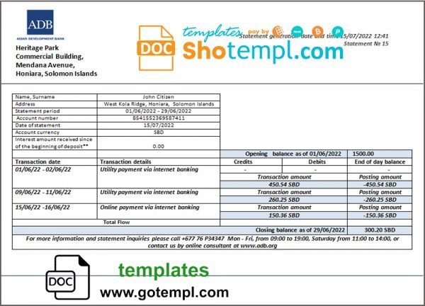 Solomon Islands ADB bank statement template in Word and PDF format