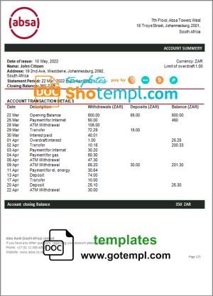 South Africa ABSA bank statement template in Word and PDF format