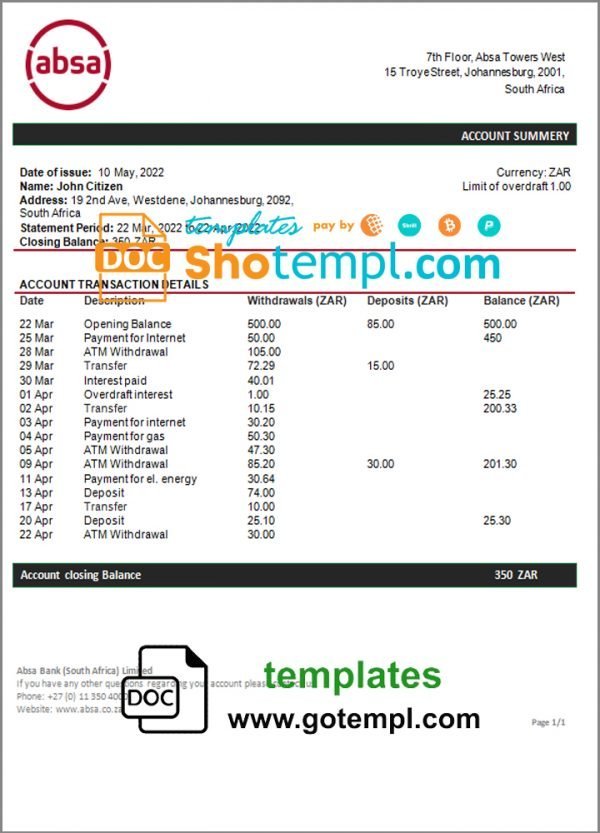 South Africa ABSA bank statement template in Word and PDF format