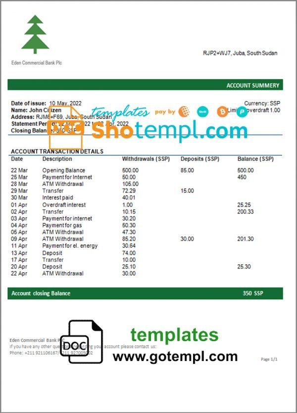 South Sudan Eden Commercial Bank bank statement template in Word and PDF format