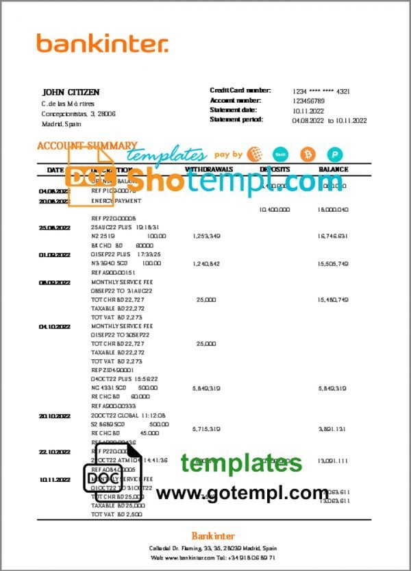 Spain Bankinter bank statement template in Word and PDF format