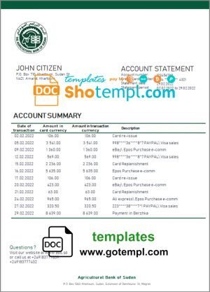 Sudan Agricultural Bank of Sudan bank statement template in Word and PDF format, version 2