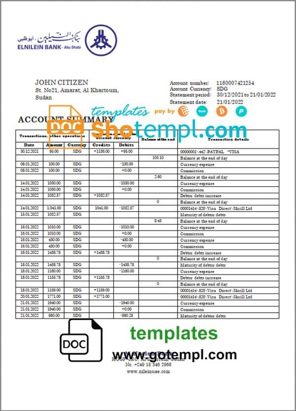 Sudan Al Neelen Bank bank statement template in Word and PDF format, version 2