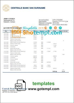 Suriname Centrale Bank Van Suriname bank statement template in Word and PDF format