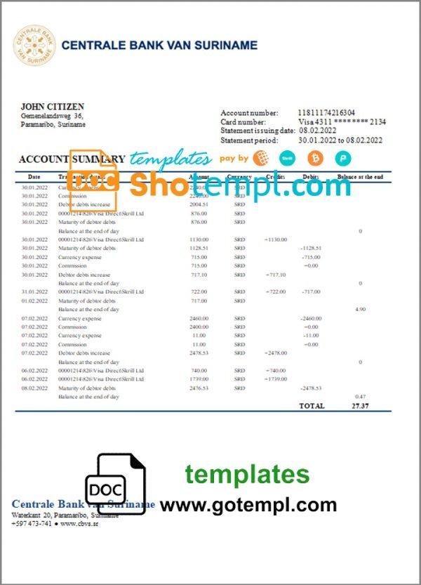 Suriname Centrale Bank Van Suriname bank statement template in Word and PDF format