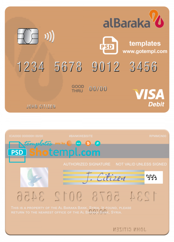 Syria Al Baraka Bank visa debit card template in PSD format