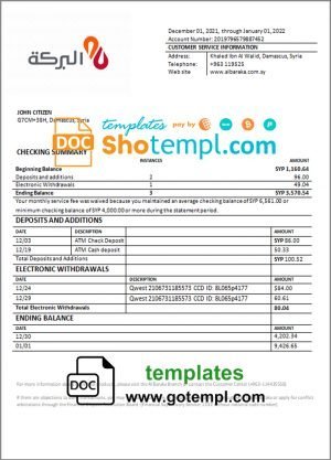 Syria Al Baraka bank statement template in Word and PDF format