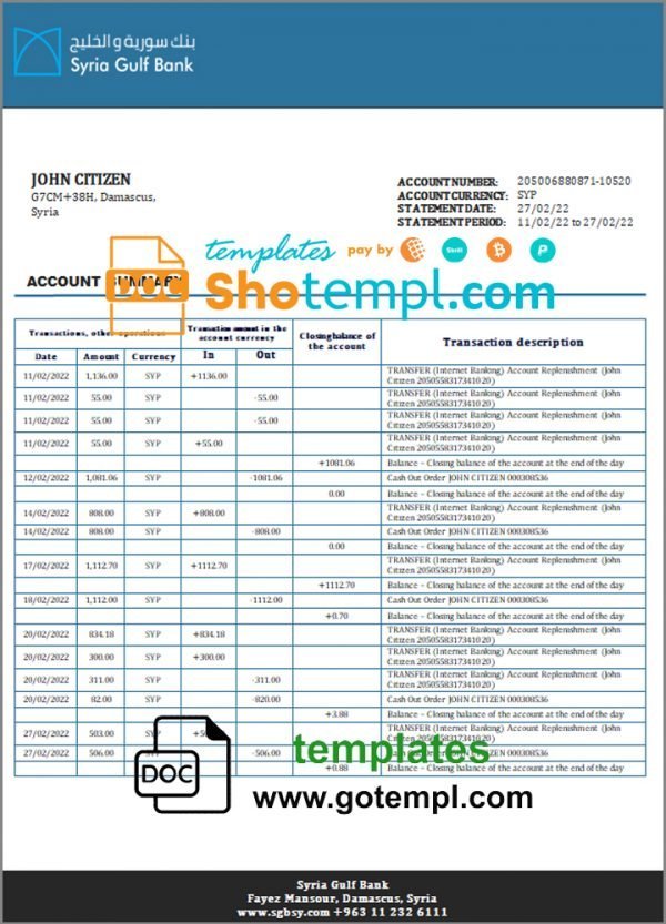 Syria Gulf Bank statement template in Word and PDF format