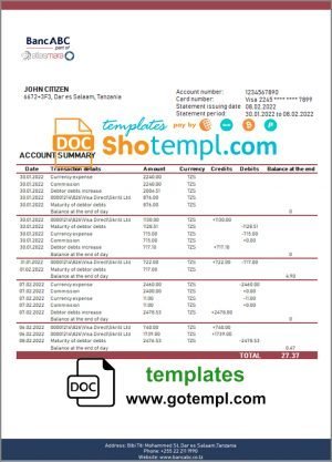 Tanzania BancABC bank statement template in Word and PDF format