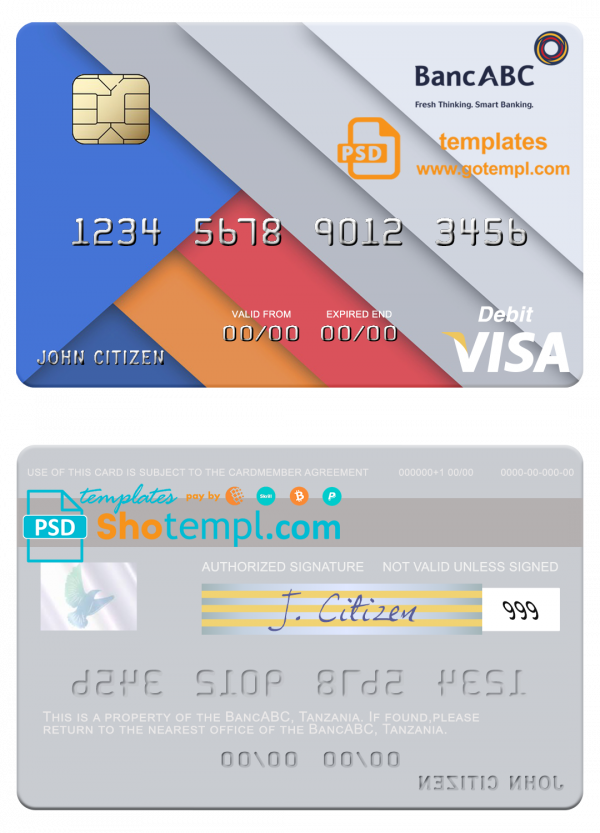 Tanzania BancABC visa debit card template in PSD format