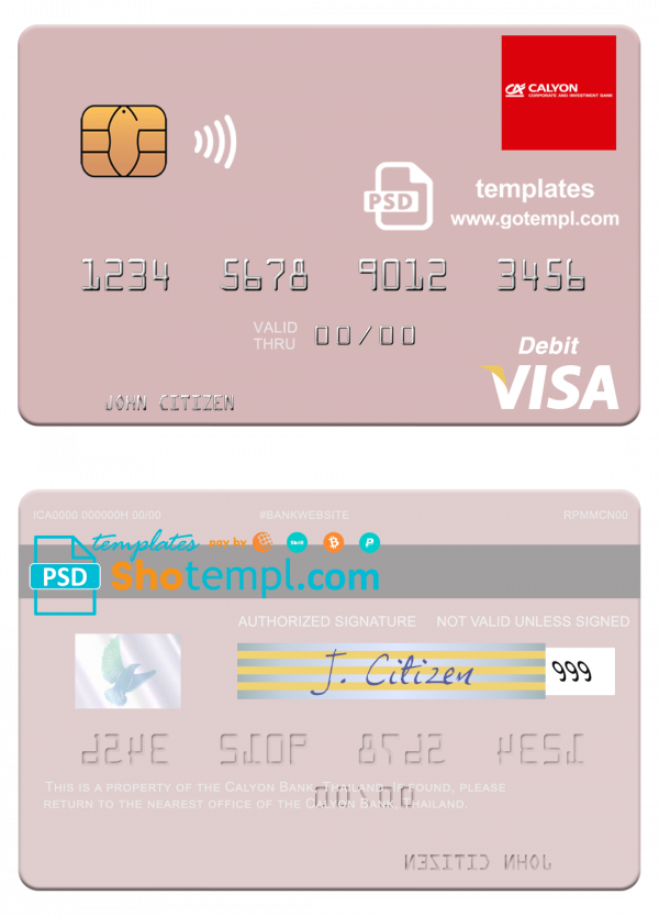 Thailand Calyon Bank visa debit card template in PSD format