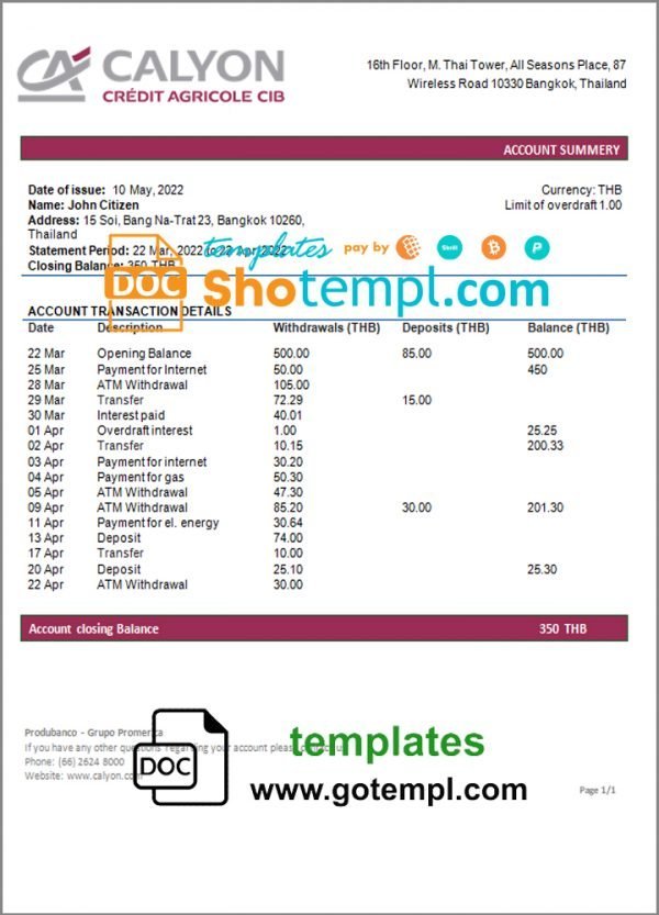 Thailand Caylon Bank statement template in Word and PDF format