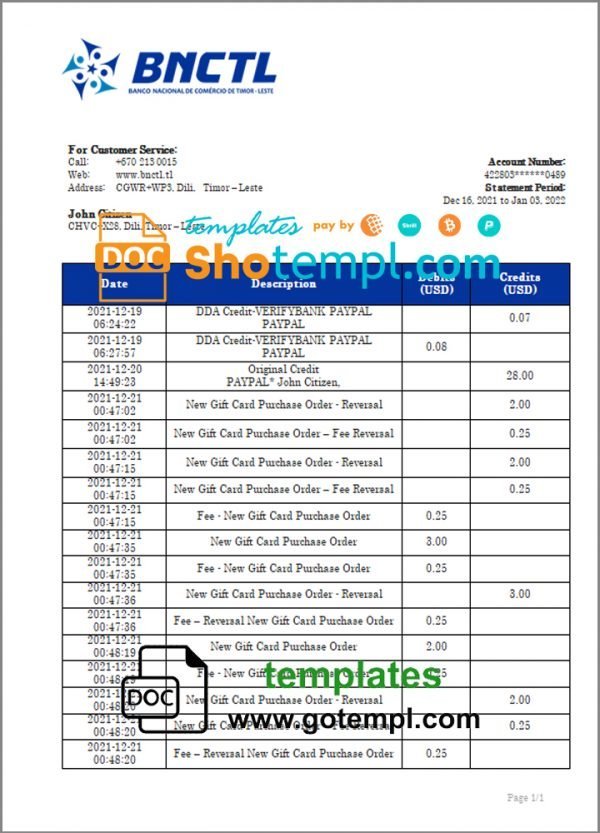 Timor-Leste BNCTL bank statement template in Word and PDF format