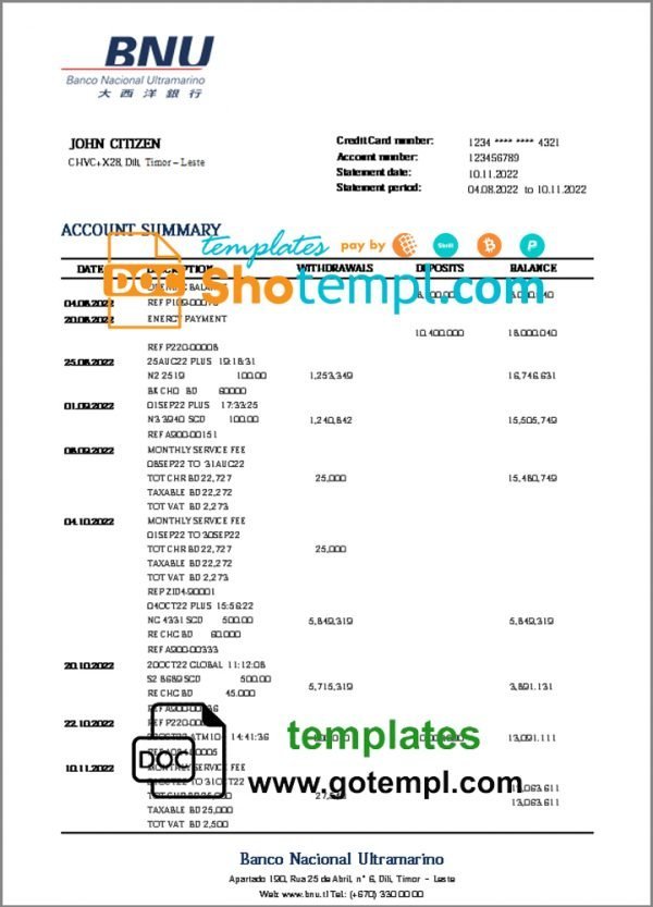 Timor-Leste BNU bank statement template in Word and PDF format