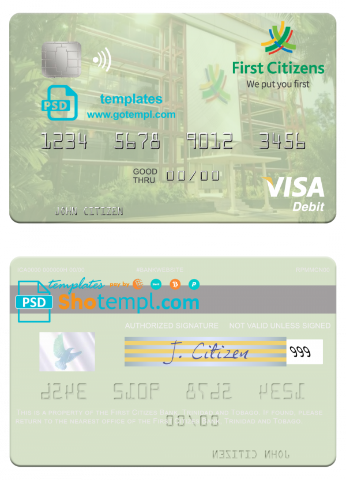 Trinidad and Tobago First Citizes Bank visa debit card template in PSD format