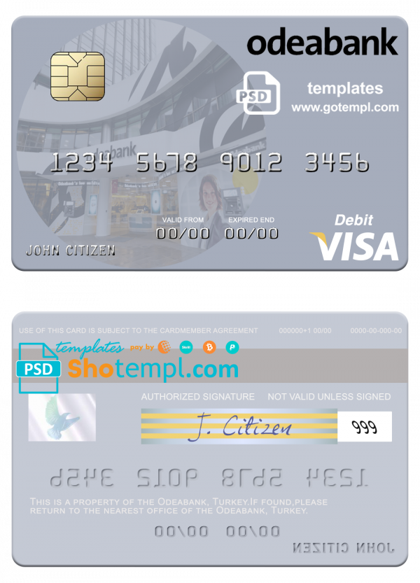 Turkey Odeabank visa debit card template in PSD format