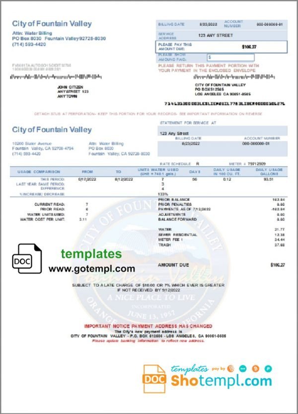 USA California City of Fountain Valley utility bill template in Word and PDF format