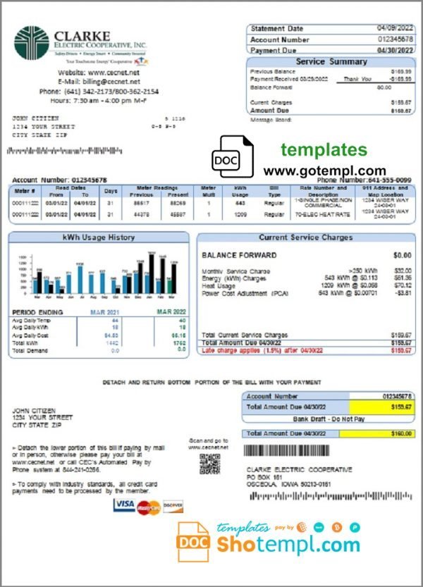 USA Iowa Clarke Electric Cooperative, Inc utility bill template in Word and PDF format