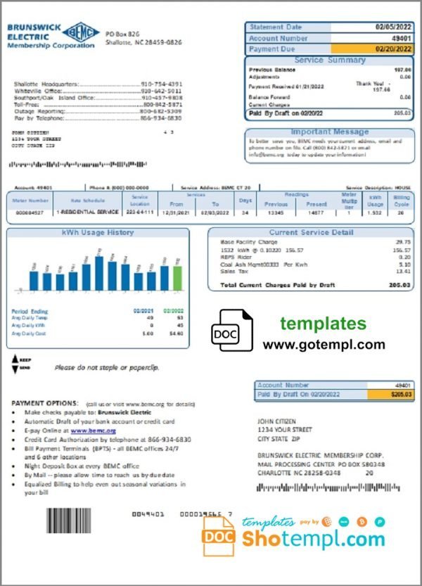 USA North Carolina Brunswick Electric utility bill template in Word and PDF format