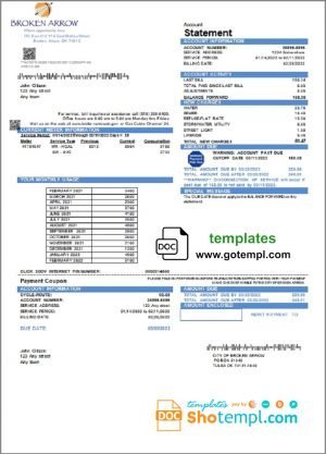 USA Oklahoma City of Broken Arrow utility bill template in Word and PDF format