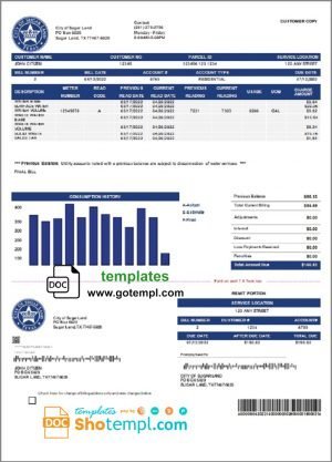 USA Texas City of Sugar Land utility bill template in Word and PDF format