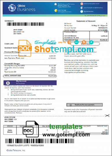 Philippines Globe Business utility bill template in Word and PDF format