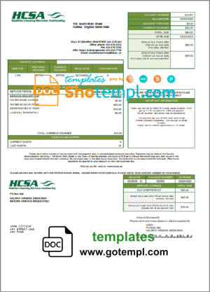 USA Virginia HCSA utility bill template in Word and PDF format