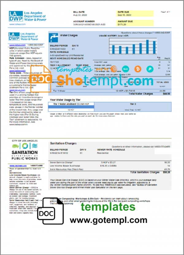 USA LA DWP utility bill template in Word and PDF format